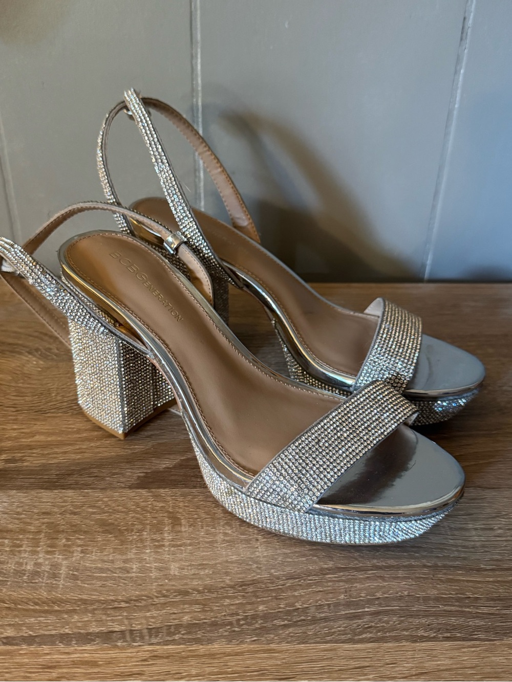 BCBGeneration Rhinestone Block Heel Slingback Sandals – Silver Glam Heels
